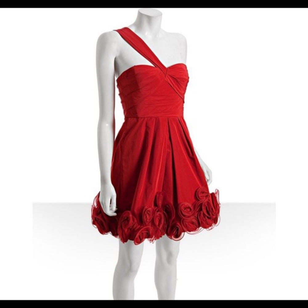 BCBG One-Shoulder Taffeta Dress with Rosettes